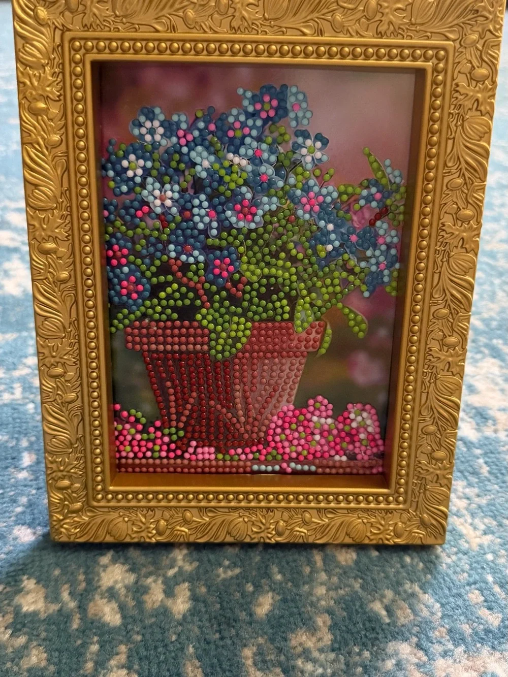 Beaded Flower Pot Art in Gold Frame - Blue, Pink & Green